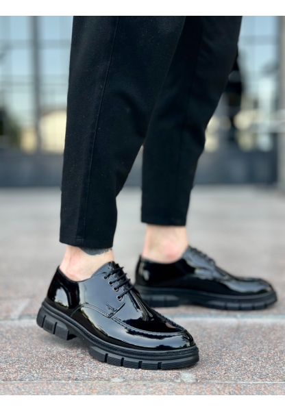 Tugerdi Siyah Rugan Bağcıklı Hafif Yüksek Taban Tarz Casual Erkek Ayakkabı TGE230387