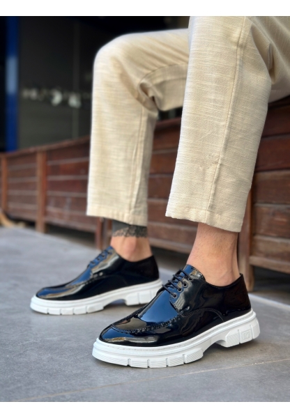 Tugerdi Siyah Rugan Bağcıklı Hafif Yüksek Taban Klasik Casual Erkek Ayakkabı TGE230387