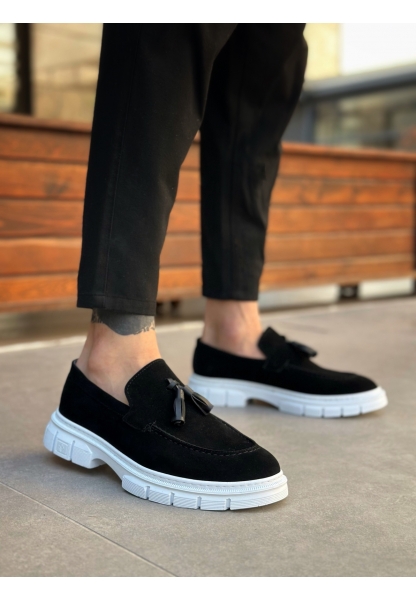 Tugerdi Siyah Süet Püsküllü Hafif Beyaz Taban Klasik Tarz Erkek Ayakkabı TGE230390
