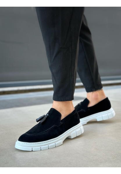 Tugerdi Siyah Süet Püsküllü Hafif Beyaz Taban Klasik Tarz Erkek Ayakkabı TGE230390