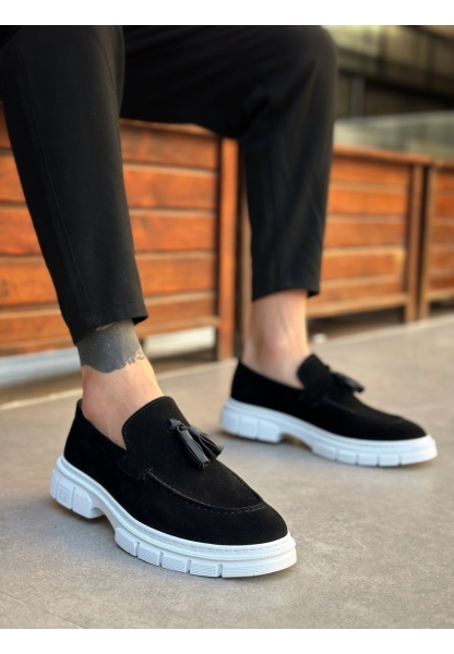 Tugerdi Siyah Süet Püsküllü Hafif Beyaz Taban Klasik Tarz Erkek Ayakkabı TGE230390