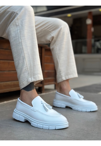 Tugerdi Beyaz Hafif Yüksek Taban Klasik Parlak Püsküllü Tarz Erkek Ayakkabı TGE230390	
