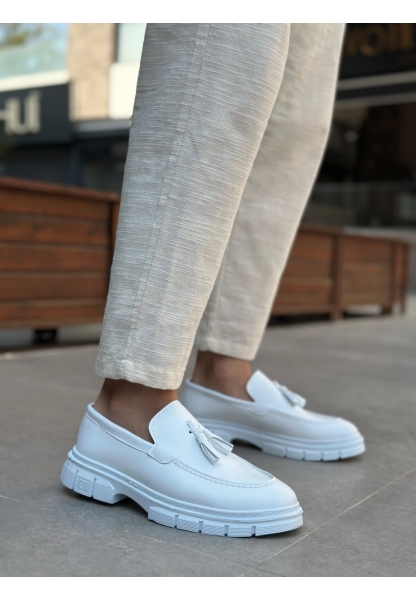 Tugerdi Beyaz Hafif Yüksek Taban Klasik Parlak Püsküllü Tarz Erkek Ayakkabı TGE230390	