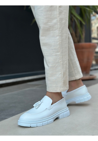 Tugerdi Beyaz Hafif Yüksek Taban Klasik Parlak Püsküllü Tarz Erkek Ayakkabı TGE230390	