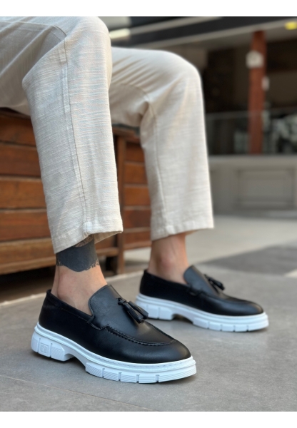 Tugerdi Siyah Hafif Yüksek Taban Klasik Parlak Püsküllü Tarz Erkek Ayakkabı TGE230390	