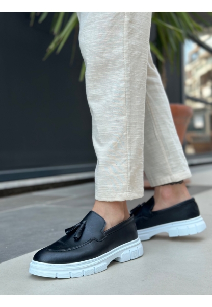 Tugerdi Siyah Hafif Yüksek Taban Klasik Parlak Püsküllü Tarz Erkek Ayakkabı TGE230390	