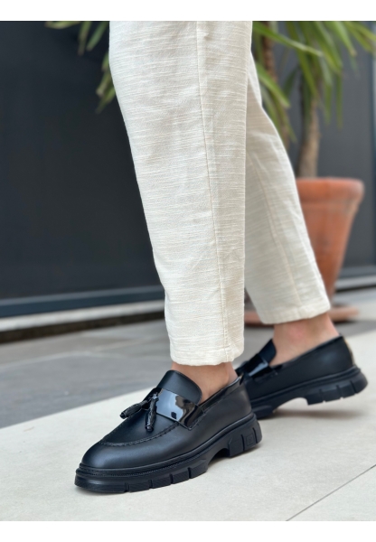 Tugerdi Siyah Hafif Yüksek Taban Klasik Parlak Püsküllü Tarz Erkek Ayakkabı TGE230390