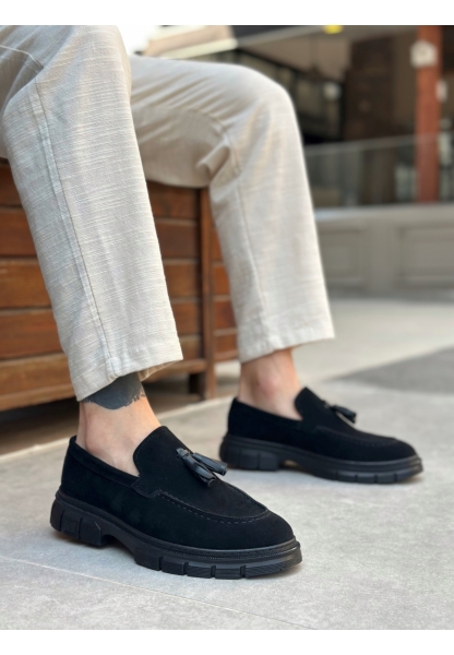 Tugerdi Siyah Süet Hafif Yüksek Taban Klasik Parlak Püsküllü Erkek Ayakkabı TGE230390	