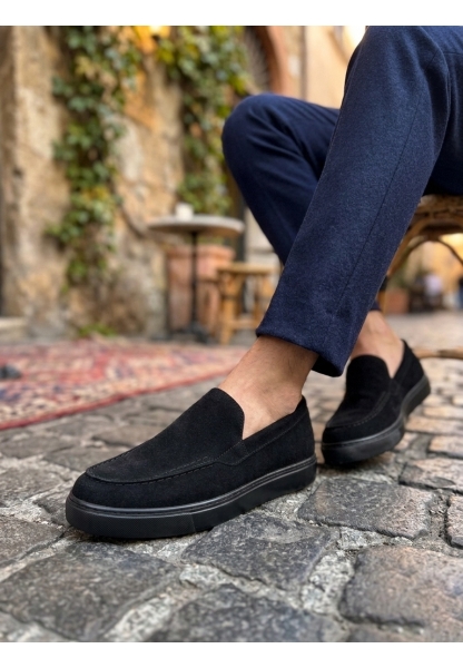Tugerdi Siyah Süet Bağcıksız Yüksek Hafif Taban Tarz Erkek Ayakkabı TGE230391