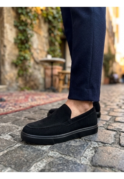 Tugerdi Siyah Süet Bağcıksız Yüksek Hafif Taban Tarz Erkek Ayakkabı TGE230391