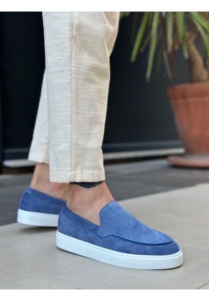 Tugerdi Mavi Süet Hafif Yüksek Taban Bağcıksız Tarz Erkek Ayakkabı TGE230391