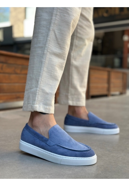 Tugerdi Mavi Süet Hafif Yüksek Taban Bağcıksız Tarz Erkek Ayakkabı TGE230391