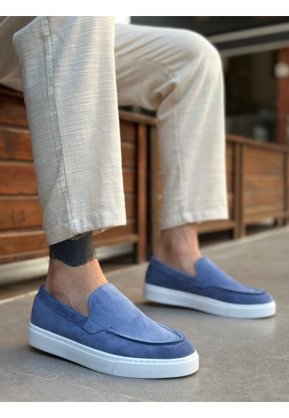 Tugerdi Mavi Süet Hafif Yüksek Taban Bağcıksız Tarz Erkek Ayakkabı TGE230391