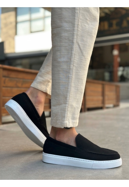 Tugerdi Siyah Süet Hafif Yüksek Taban Bağcıksız Tarz Erkek Ayakkabı TGE230391