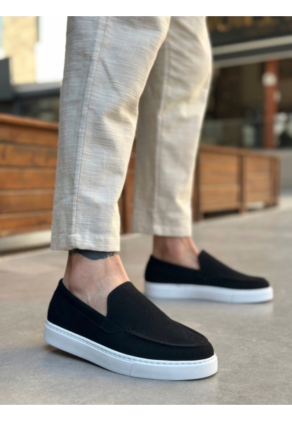 Tugerdi Siyah Süet Hafif Yüksek Taban Bağcıksız Tarz Erkek Ayakkabı TGE230391