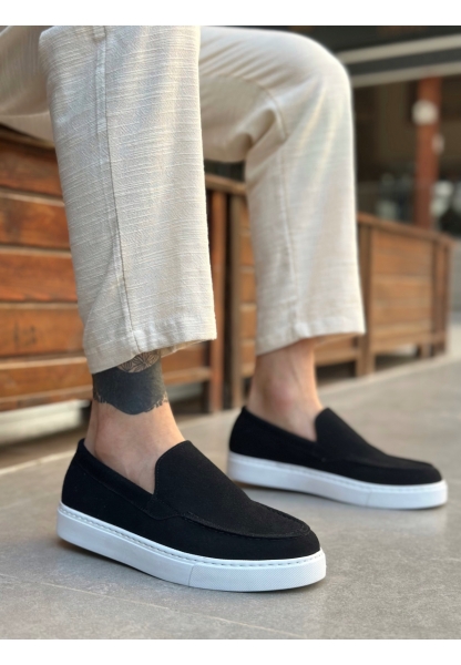 Tugerdi Siyah Süet Hafif Yüksek Taban Bağcıksız Tarz Erkek Ayakkabı TGE230391