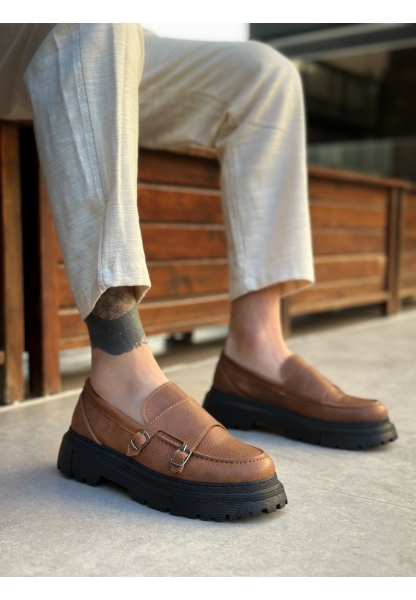 Tugerdi Taba Tokalı Siyah Yüksek Siyah Taban Klasik Tarz Erkek Ayakkabı TGE230392