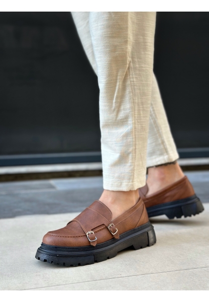 Tugerdi Taba Tokalı Siyah Yüksek Siyah Taban Klasik Tarz Erkek Ayakkabı TGE230392