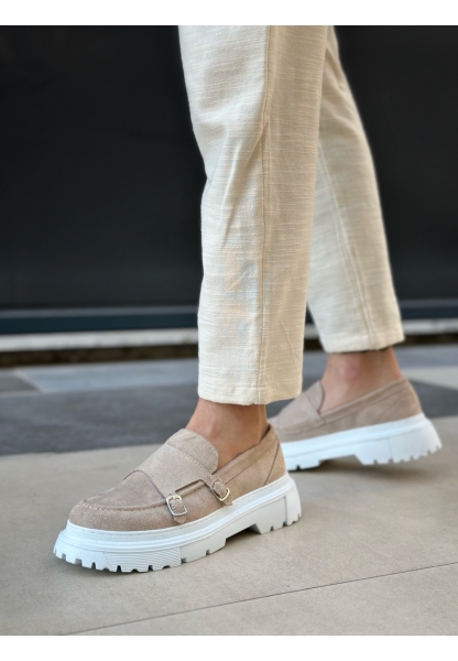 Tugerdi Krem Süet Tokalı Hafif Yüksek Taban Tarz Erkek Ayakkabı TGE230392