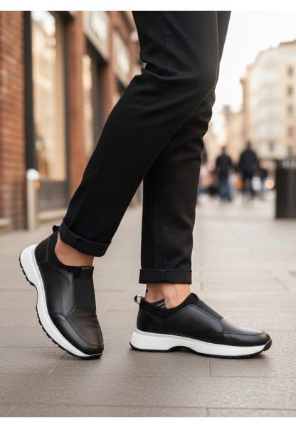 TGE0244 İçi Dışı Hakiki Deri Bantlı Rahat Taban Casual Siyah Erkek Ayakkabı