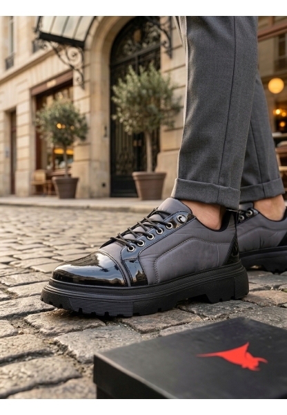 Tugerdi Gri Rugan Paraşüt Detay Akıllı Lastik Bağcık Yüksek Taban Günlük Erkek Ayakkabı TGE230395