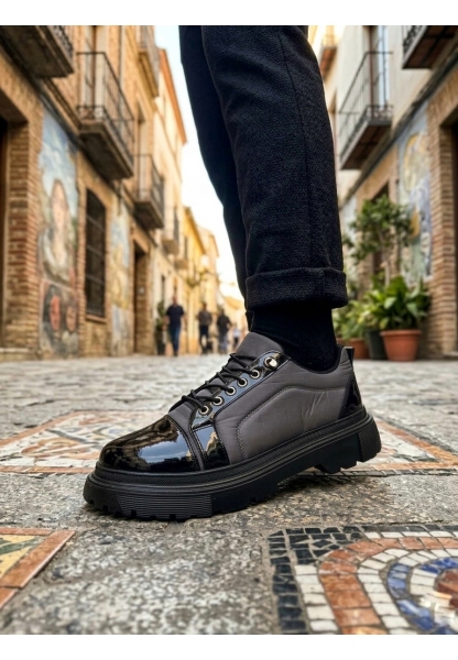 Tugerdi Gri Rugan Paraşüt Detay Akıllı Lastik Bağcık Yüksek Taban Günlük Erkek Ayakkabı TGE230395