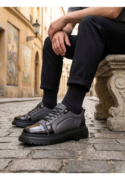 Tugerdi Gri Rugan Paraşüt Detay Akıllı Lastik Bağcık Yüksek Taban Günlük Erkek Ayakkabı TGE230395