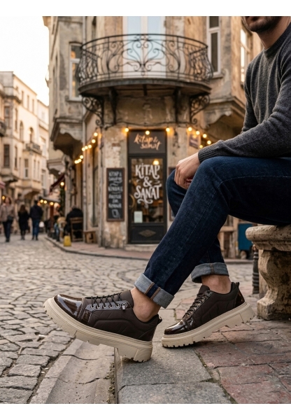 TGE0245 Kahverengi Rugan Paraşüt Detaylı Akıllı Lastik Bağcık Yüksek Bej Taban Günlük Erkek Ayakkabı