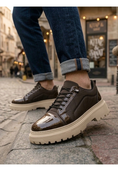 TGE0245 Kahverengi Rugan Paraşüt Detaylı Akıllı Lastik Bağcık Yüksek Bej Taban Günlük Erkek Ayakkabı