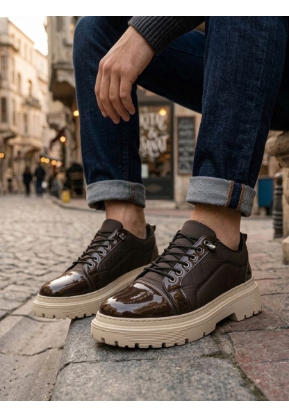 TGE0245 Kahverengi Rugan Paraşüt Detaylı Akıllı Lastik Bağcık Yüksek Bej Taban Günlük Erkek Ayakkabı