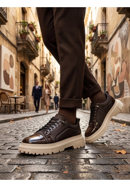 TGE0245 Kahverengi Rugan Paraşüt Detaylı Akıllı Lastik Bağcık Yüksek Bej Taban Günlük Erkek Ayakkabı