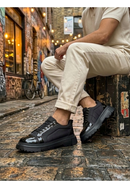Tugerdi Siyah Rugan Paraşüt Detayl Akıllı Lastik Bağcık Yüksek Taban Tarz Erkek Ayakkabı TGE230395