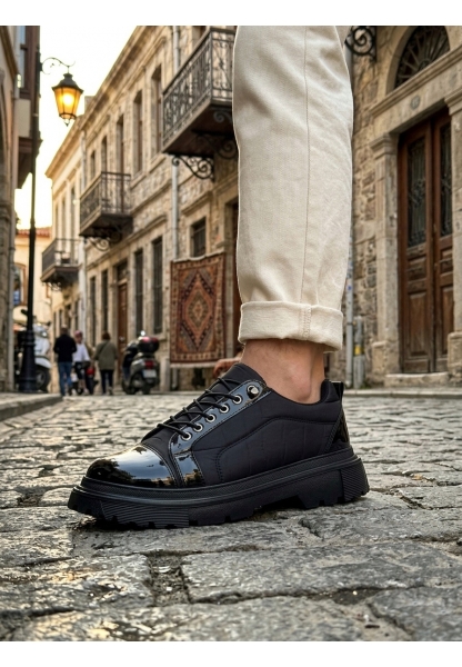 Tugerdi Siyah Rugan Paraşüt Detayl Akıllı Lastik Bağcık Yüksek Taban Tarz Erkek Ayakkabı TGE230395