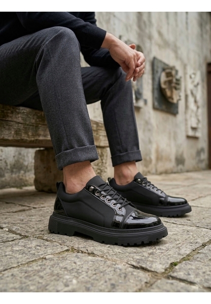 Tugerdi Siyah Rugan Paraşüt Detayl Akıllı Lastik Bağcık Yüksek Taban Tarz Erkek Ayakkabı TGE230395