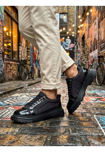 Tugerdi Siyah Rugan Paraşüt Detayl Akıllı Lastik Bağcık Yüksek Taban Tarz Erkek Ayakkabı TGE230395