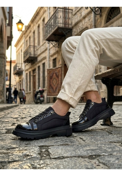 Tugerdi Siyah Rugan Paraşüt Detayl Akıllı Lastik Bağcık Yüksek Taban Tarz Erkek Ayakkabı TGE230395