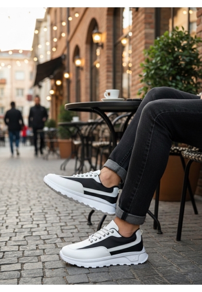 TGE0246 Beyaz Siyah Parçalı Bağcıklı Yüksek Taban Günlük Erkek Ayakkabı