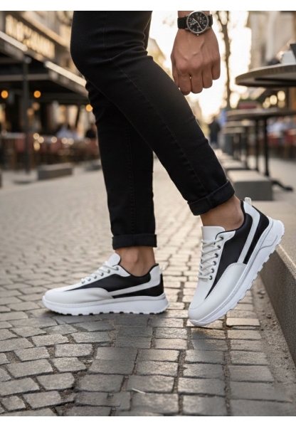 TGE0246 Beyaz Siyah Parçalı Bağcıklı Yüksek Taban Günlük Erkek Ayakkabı