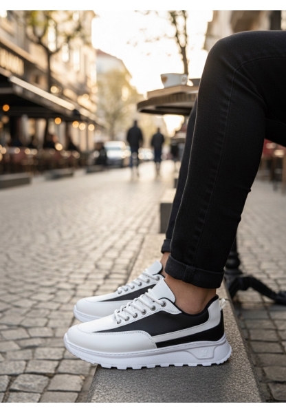 TGE0246 Beyaz Siyah Parçalı Bağcıklı Yüksek Taban Günlük Erkek Ayakkabı