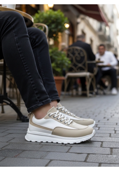 TGE0246 Krem Bağcıklı Yüksek Beyaz Taban Günlük Erkek Ayakkabı
