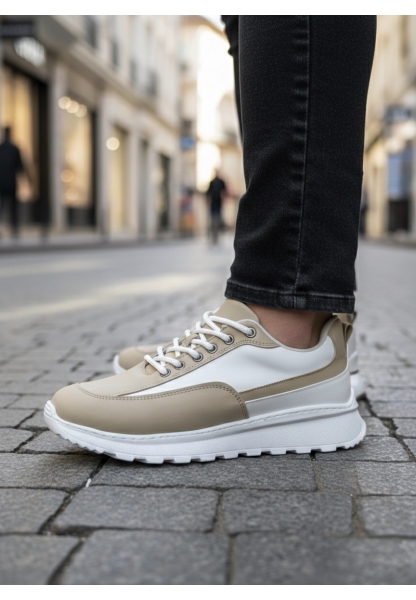 TGE0246 Krem Bağcıklı Yüksek Beyaz Taban Günlük Erkek Ayakkabı