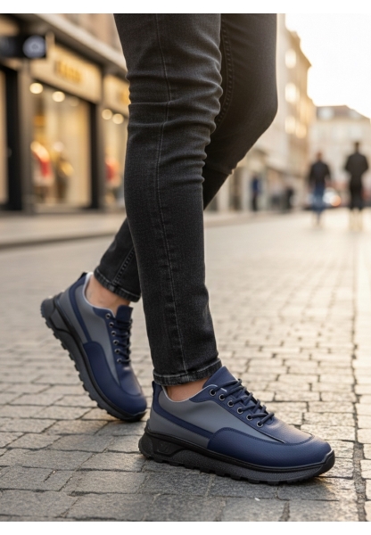 TGE0246 Lacivert Gri Parçalı Bağcıklı Yüksek Taban Günlük Erkek Ayakkabı