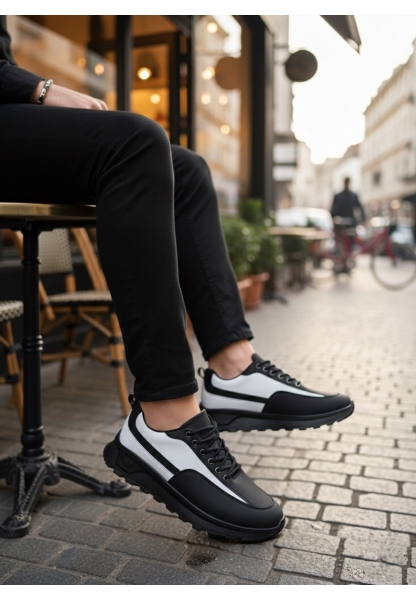 TGE0246 Siyah Beyaz Parçalı Bağcıklı Yüksek Taban Günlük Erkek Ayakkabı