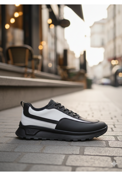 TGE0246 Siyah Beyaz Parçalı Bağcıklı Yüksek Taban Günlük Erkek Ayakkabı