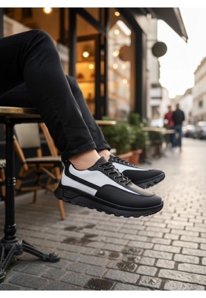 TGE0246 Siyah Beyaz Parçalı Bağcıklı Yüksek Taban Günlük Erkek Ayakkabı