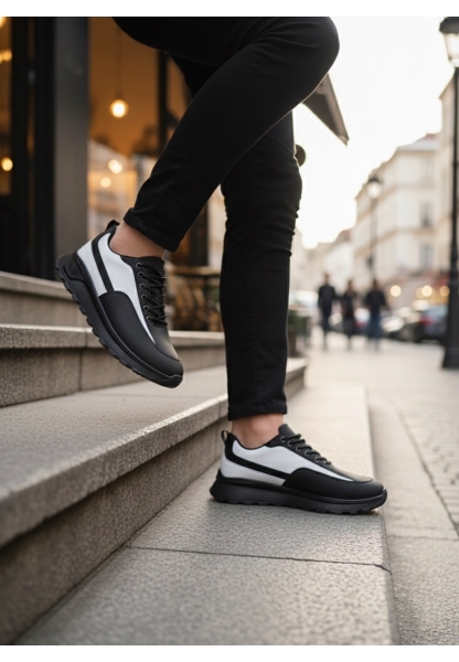 TGE0246 Siyah Beyaz Parçalı Bağcıklı Yüksek Taban Günlük Erkek Ayakkabı