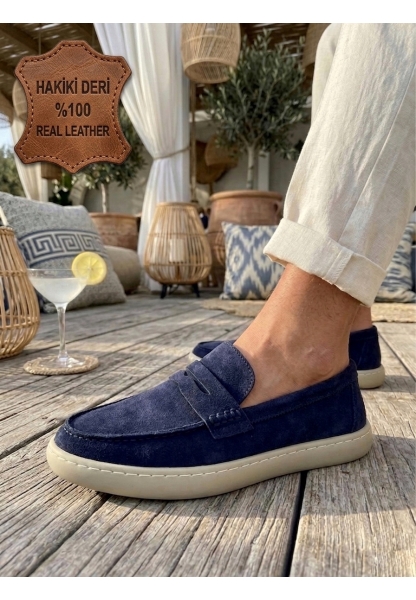 TGE0251 %100 İçi Dışı Hakiki Deri Erkek Lacivert Süet Casual Loafer Kauçuk Rahat Taban Dikişli Ayakkabı