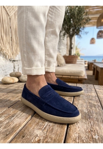 TGE0251 %100 İçi Dışı Hakiki Deri Erkek Lacivert Süet Casual Loafer Kauçuk Rahat Taban Dikişli Ayakkabı