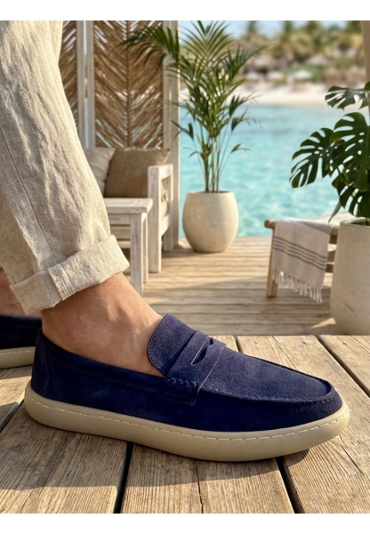 TGE0251 %100 İçi Dışı Hakiki Deri Erkek Lacivert Süet Casual Loafer Kauçuk Rahat Taban Dikişli Ayakkabı
