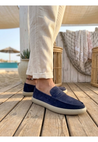 TGE0251 %100 İçi Dışı Hakiki Deri Erkek Lacivert Süet Casual Loafer Kauçuk Rahat Taban Dikişli Ayakkabı
